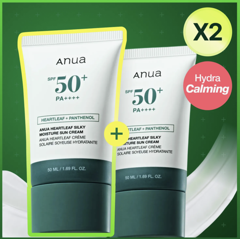 Protetor solar hidratante e sedoso Anua Houttuynia Cordata, embalagem dupla de 50ml